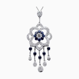 Collier Pendentif en Or Blanc 14k avec Diamants et Saphirs Bleus