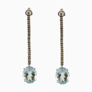 14k White Gold Dangle Earrings with Diamonds and Aquamarines, Set of 2