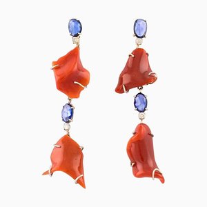 White and Rose Gold Earrings with Diamonds, Sapphires and Coral, Set of 2
