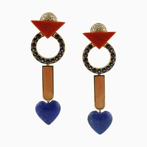 18 Karat Rose Gold Earrings with Diamonds, Coral, Lapis and Sapphires, Set of 2