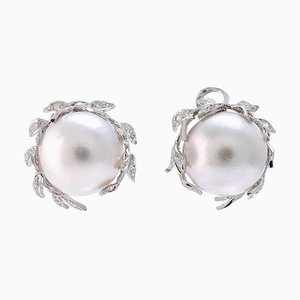 14k White Gold Earrings with Diamonds and Pearls, Set of 2