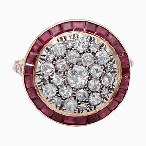 14 Karat Rose Gold and Silver Ring with Rubies and Diamonds