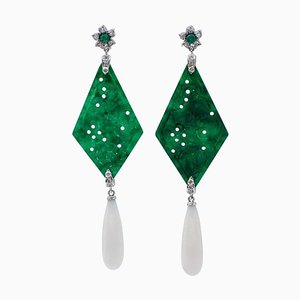 18 Karat White Gold Dangle Earrings with Diamonds, Emeralds, Agate and Coral