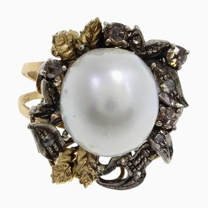 Gold and Silver Ring with Diamonds and Australian Pearl