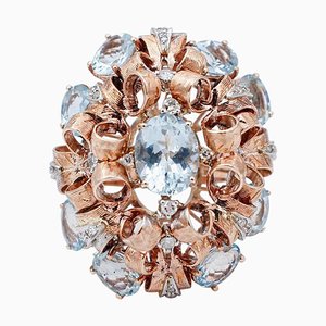 9 Karat Rose and White Gold Ring with Aquamarine and Diamonds