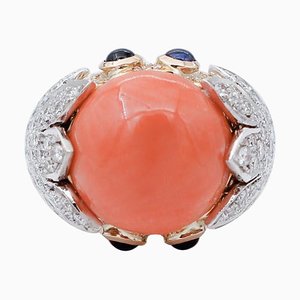 18 Karat Yellow and White Gold Ring with Diamonds, Sapphires and Coral
