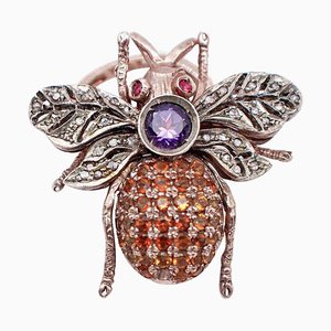 9 Karat Rose Gold and Silver Ring with Diamonds, Amethyst, Rubies and Stones