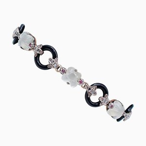 9 Karat Rose Gold and Silver Bracelet with Rubies, Diamonds, Moonlights and Onyx