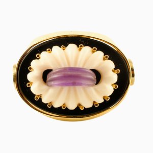 Vintage Yellow Gold Ring with Diamonds, Amethyst, Onyx and Coral