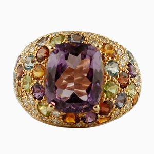 14 Karat Gelbgold Ring mit Zentralem Amethyst, Diamanten, Tsavorit, Granaten und Topasen