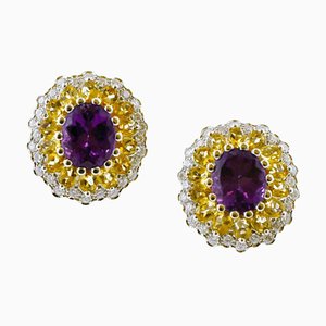 14 Karat White Gold Earrings with Diamonds, Topazes and Amethysts, Set of 2