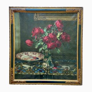 Joseph De Belder, Nature Morte avec Roses et Chinoiserie, Huile sur Toile, Encadrée