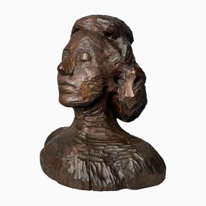 Buste de Femme Antique en Bois Sculpté