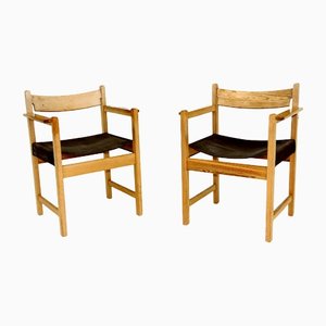 Pine & Canvas Armchairs, Sweden, 1970s, Set of 2