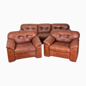 Juego de sofá y sillones vintage de cuero, años 80. Juego de 3