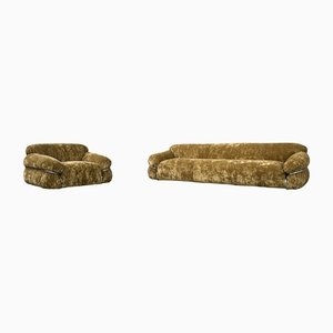 Set of Sesann Lounge Set in Brown Velvet Khaki by Gianfranco Frattini for Cassini, 1972