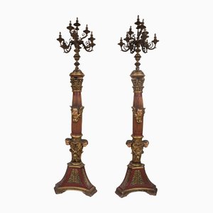 Lacquered Wood Torch Holders with Chiseled Gilt Bronze Candlesticks, Spain, Early 19th-Century, Set of 2