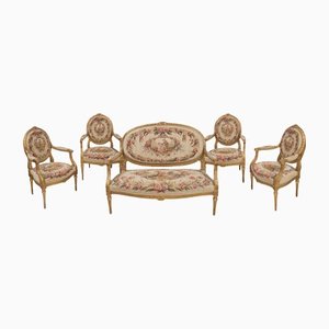 Antique 19th Century French Napoleon III Living Room Set in Golden Wood & Original Aubusson Upholstery, Set of 5