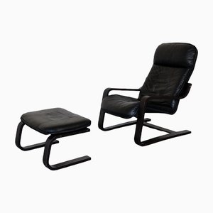 Lounge Chair Leather with Pouf, Set of 2