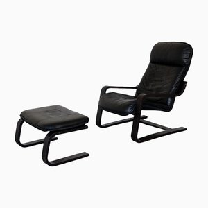 Set of Lounge Chair Leather with Pouf