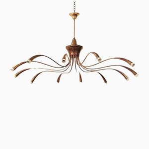 Golden Brass Chandelier with 12 Lights in Style of Oscar Torlasco