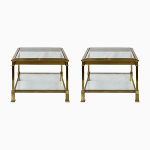 Mid-Century Brass & Glass Top Side Tables, Set of 2