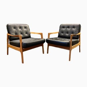 Danish Cherry Wood & Black Leather Armchairs, Set of 2