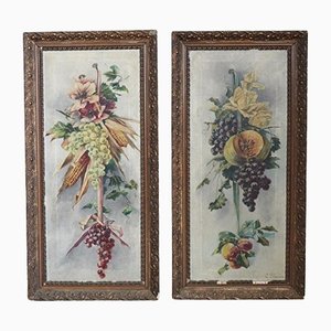 Composizione Art Nouveau con fiori e frutta, anni '10, olio su tela, con cornice, set di 2