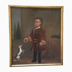 Niño jugando con perro, 1721, óleo sobre lienzo, enmarcado