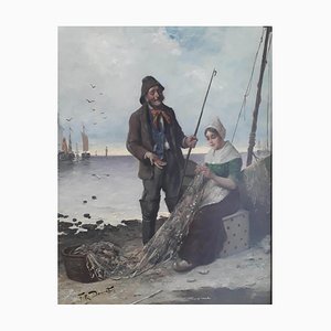 Frederick Reginald Donat, Fishing Scene Painting, Oil on Panel, Framed