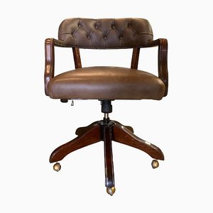 Brown Leather Swivel Button Back Swivelling Desk Chair with Castors