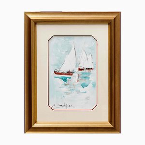 Amadeu Casals, Landscape with Sailboats, Watercolor on Paper, Framed