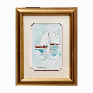 Amadeu Casals, Paesaggio con barche a vela, Acquarello su carta, Con cornice