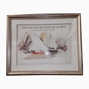 Amadeu Casals, Trobada De Vela Llatina, Acquarello su carta, Con cornice