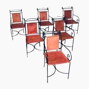 Wrought Iron and Leather Swirl Dining Chairs, Spain, 1960s, Set of 6