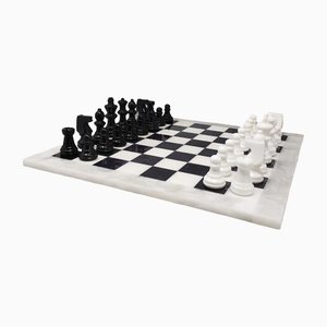 Italian Handmade Black and White Chess Set in Volterra Alabaster, 1970s, Set of 33