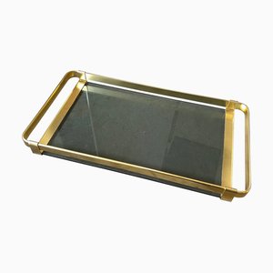 Mid-Century Modern Brass and Smoked Glass Serving Tray, Italy, 1960s