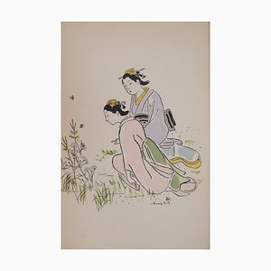 Tsuguharu Foujita, Geisha in un giardino, 1936, Acquaforte originale