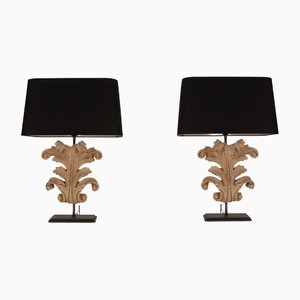 Vintage Taupe and Black Carved Wood Table Lamps on Acanthus Leaf Bases, Set of 2