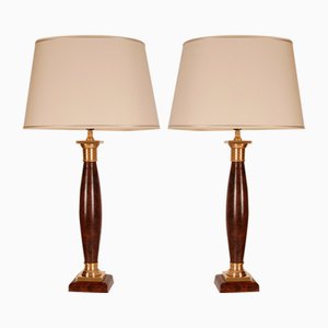 Mid-Century Empire Style Gold Gilt and Brown Faux Rosewood Column Table Lamps by E. F. Caldwell, 1980s, Set of 2