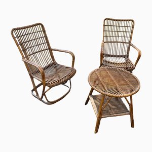 Italian Wicker Lounge Chairs and Table, 1960s, Set of 3