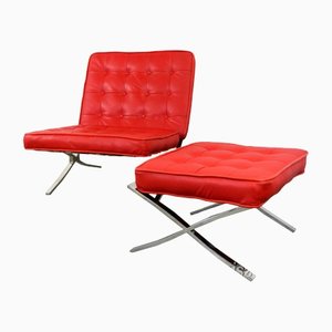 Italian Modern Chair and Footstool in Red, Set of 2