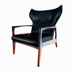 Danish Black Leather and Wood Armchair in the Style of Madsen & Schubell