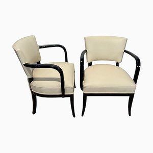 Large Art Deco Armchairs in Black Lacquer & Creme Leather, France, 1930s, Set of 2