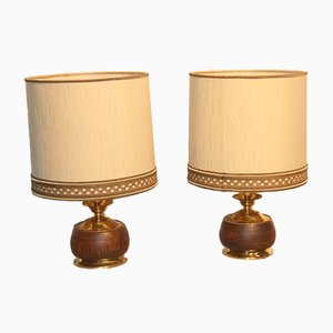 Italian Wood & Brass Table Lamps, 1950, Set of 2