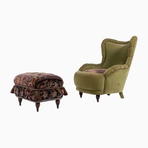Italian Modern Lounge Chair with Ottoman in Velvet Upholstery, Set of 2