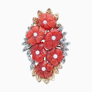 Bague en Or Blanc et Rose 14 Carats avec Corail, Diamants et Perles