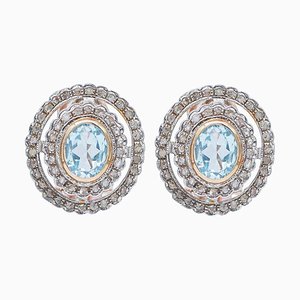 Rose Gold and Silver Stud Earrings with Aquamarine and Diamonds, Set of 2