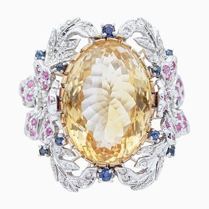 14 Karat Weißgold Ring mit Gelbem Topas, Rubinen, Saphiren und Diamanten