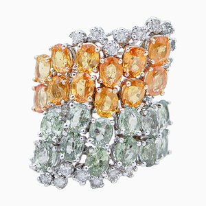 14 Karat White Gold Ring with Green and Orange Sapphires and Diamonds
